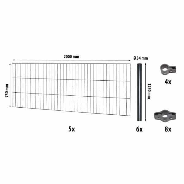 Einstabmattenzaun-Set Classic Anthrazit 75 cm x 1000 cm