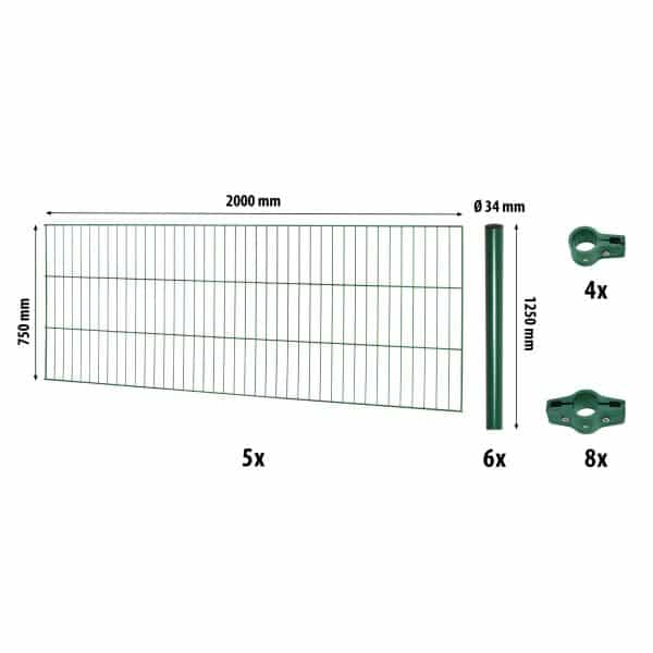 Einstabmattenzaun-Set Classic Grün 75 cm x 1000 cm