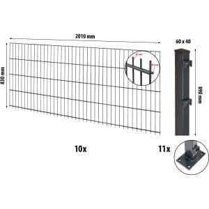 Floraworld Doppelstabmatten-Zaunset mit Bodenplatte Anthrazit 83 cm x 2000 cm