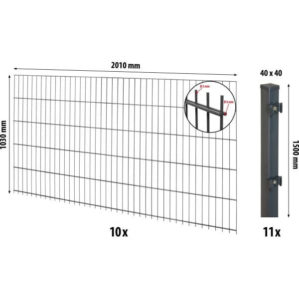 Floraworld Doppelstabmatten-Zaunset mit Pfosten 4 x 4 cm Anthrazit 103 x 2000 cm