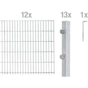 Metallzaun Grund-Set Doppelstabmatte feuerverzinkt 12 x 2 m x 0