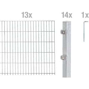 Metallzaun Grund-Set Doppelstabmatte feuerverzinkt 13 x 2 m x 0