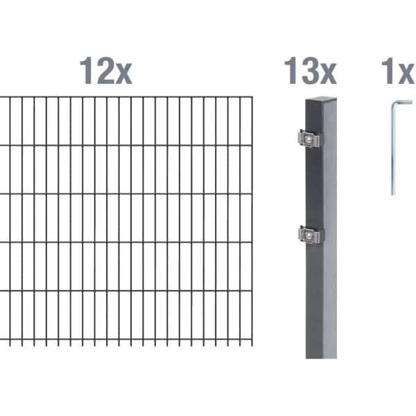 Metallzaun Grund-Set Doppelstabmatte verz. Anthrazit beschichtet 12x 2 m x 0