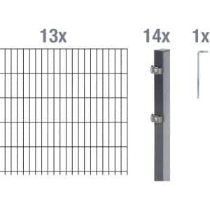 Metallzaun Grund-Set Doppelstabmatte verz. Anthrazit beschichtet 13x 2 m x 0