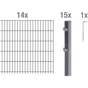 Metallzaun Grund-Set Doppelstabmatte verz. Anthrazit beschichtet 14x 2 m x 0