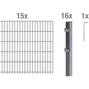 Metallzaun Grund-Set Doppelstabmatte verz. Anthrazit beschichtet 15 x 2 m x 1 m