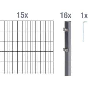 Metallzaun Grund-Set Doppelstabmatte verz. Anthrazit beschichtet 15x 2 m x 0