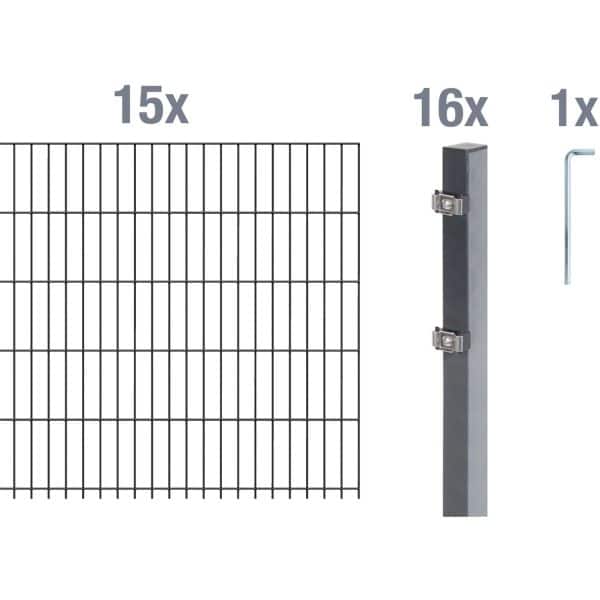 Metallzaun Grund-Set Doppelstabmatte verz. Anthrazit beschichtet 15x 2 m x 1