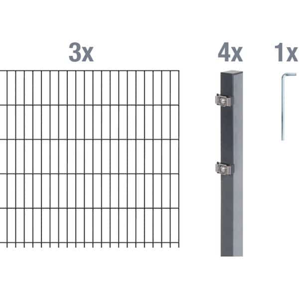Metallzaun Grund-Set Doppelstabmatte verz. Anthrazit beschichtet 3 x 2 m x 1