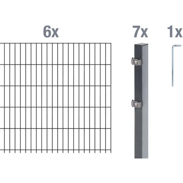 Metallzaun Grund-Set Doppelstabmatte verz. Anthrazit beschichtet 6 x 2 m x 1