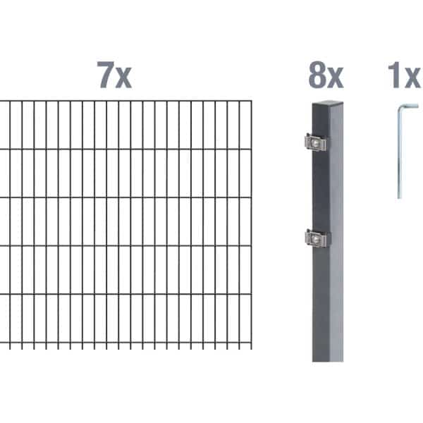 Metallzaun Grund-Set Doppelstabmatte verz. Anthrazit beschichtet 7 x 2 m x 1 m