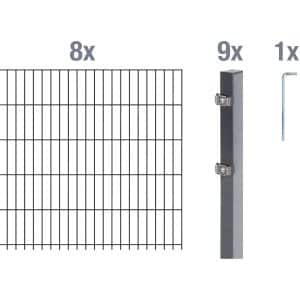 Metallzaun Grund-Set Doppelstabmatte verz. Anthrazit beschichtet 8 x 2 m x 0