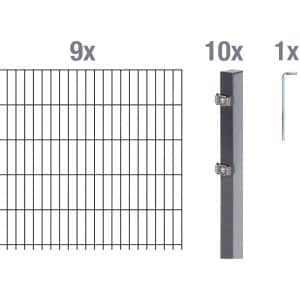 Metallzaun Grund-Set Doppelstabmatte verz. Anthrazit beschichtet 9 x 2 m x 0