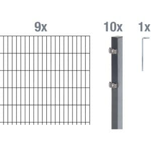Metallzaun Grund-Set Doppelstabmatte verz. Anthrazit beschichtet 9 x 2 m x 1 m
