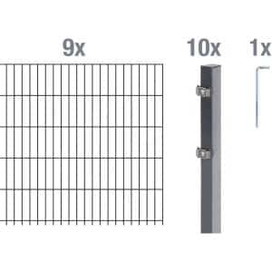 Metallzaun Grund-Set Doppelstabmatte verz. Anthrazit beschichtet 9 x 2 m x 1
