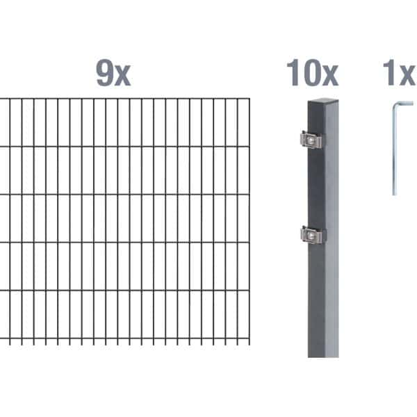 Metallzaun Grund-Set Doppelstabmatte verz. Anthrazit beschichtet 9 x 2 m x 1