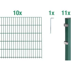 Metallzaun Grund-Set Doppelstabmatte verz. Grün beschichtet 10 x 2 m x 1 m