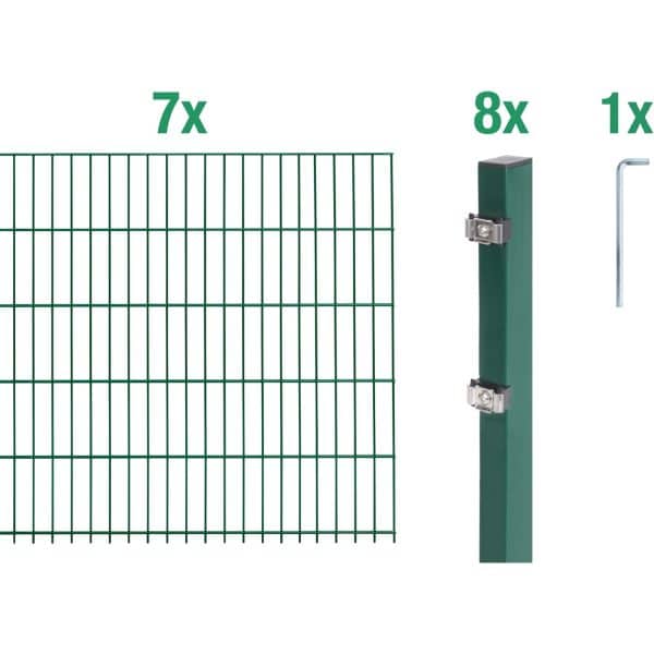 Metallzaun Grund-Set Doppelstabmatte verz. Grün beschichtet 7 x 2 m x 1 m