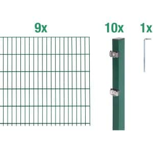 Metallzaun Grund-Set Doppelstabmatte verz. Grün beschichtet 9 x 2 m x 0